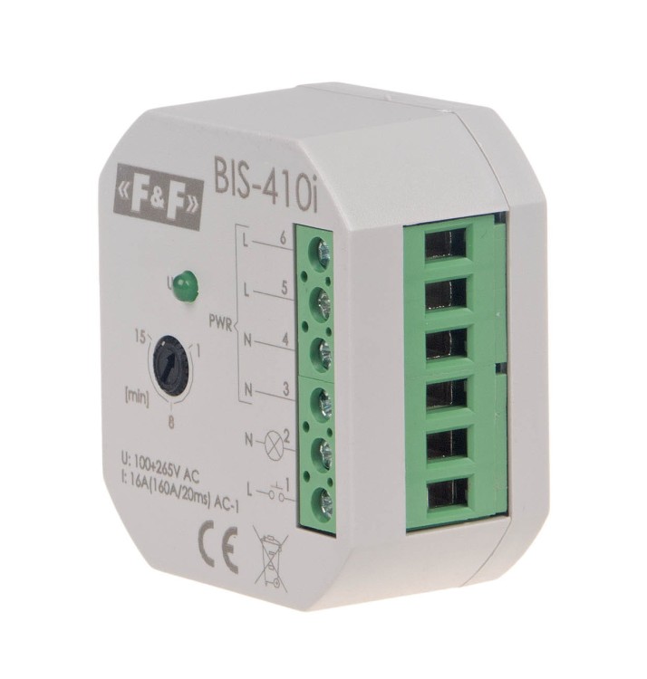 Przekaźnik bistabilny, podtynkowy z wyłącznikiem czasowym, do podświetlanych przycisków z przekaźnikiem inrush 160A/20ms BIS-410-LED F&F