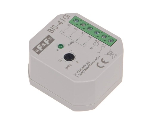 Przekaźnik bistabilny, podtynkowy z wyłącznikiem czasowym, do podświetlanych przycisków z przekaźnikiem inrush 160A/20ms BIS-410-LED F&F