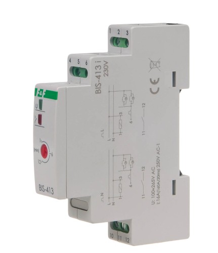 Przekaźnik bistabilny z wyłącznikiem czasowym,  na szynę DIN, z przekaźnikiem inrush 160A/20ms BIS-413-LED F&F