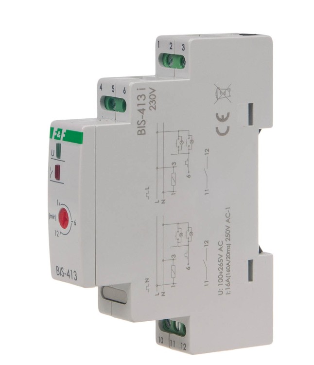 Przekaźnik bistabilny z wyłącznikiem czasowym,  na szynę DIN, z przekaźnikiem inrush 160A/20ms BIS-413-LED F&F