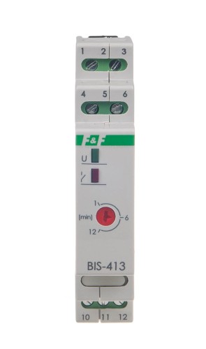 Przekaźnik bistabilny z wyłącznikiem czasowym,  na szynę DIN, z przekaźnikiem inrush 160A/20ms BIS-413-LED F&F