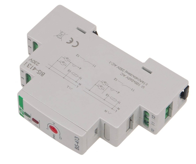 Przekaźnik bistabilny z wyłącznikiem czasowym,  na szynę DIN, z przekaźnikiem inrush 160A/20ms BIS-413-LED F&F