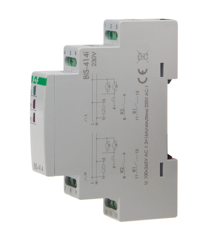 Przekaźnik bistabilny, sekwencyjny, na szynę DIN, z przekaźnikiem inrush 160A/20ms BIS-414-LED F&F