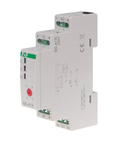 Przekaźnik bistabilny, 4 funkcyjny, DIN, dwa obwody sterowania, z przekaźnikiem inrush 160A/20ms BIS-419-LED F&F