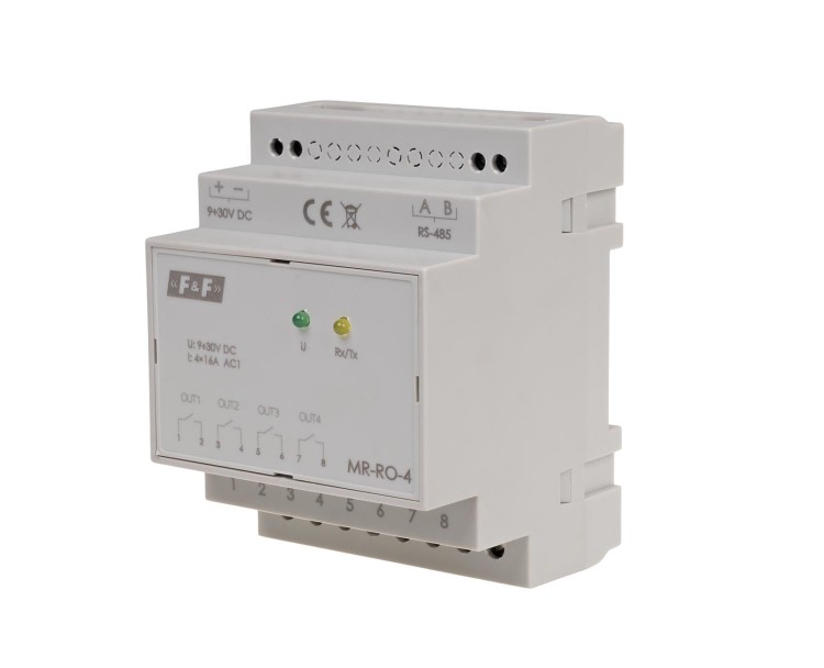 Moduł rozszerzeń wyjść przekaźnikowych, z wyjściem MODBUS RTU, 4-kanałowy, styk 4x1Z 16A, 4 moduły MAX-MR-RO-4 F&F