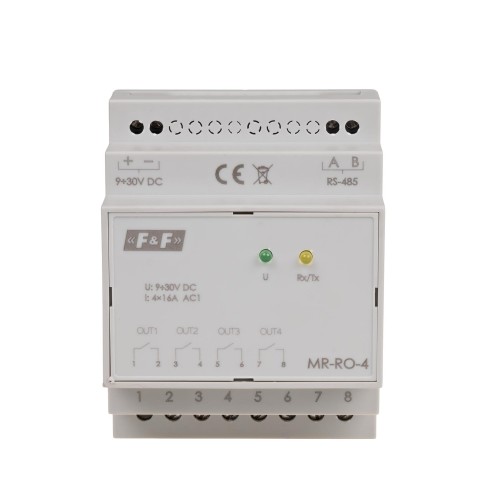 Moduł rozszerzeń wyjść przekaźnikowych, z wyjściem MODBUS RTU, 4-kanałowy, styk 4x1Z 16A, 4 moduły MAX-MR-RO-4 F&F