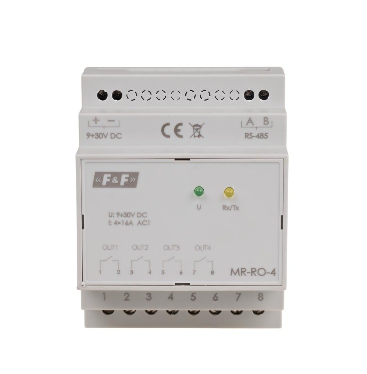 Moduł rozszerzeń wyjść przekaźnikowych, z wyjściem MODBUS RTU, 4-kanałowy, styk 4x1Z 16A, 4 moduły MAX-MR-RO-4 F&F