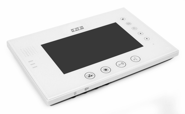 Wideodomofon: monitor 7" kolorowy z pamięcią, port karty SD, plastik/aluminium, czarny + zasilacz MK-08F F&F