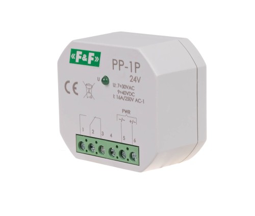 Przekaźnik elektromagnetyczny, 1P 16A, montaż podtynkowy, U=7÷30VAC / 9÷40VDC PP-1P-24V F&F