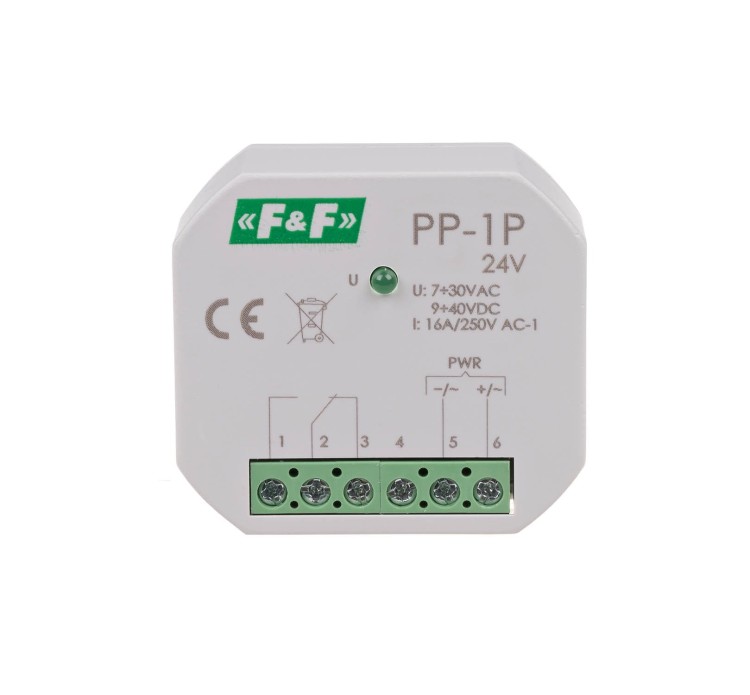 Przekaźnik elektromagnetyczny, 1P 16A, montaż podtynkowy, U=7÷30VAC / 9÷40VDC PP-1P-24V F&F