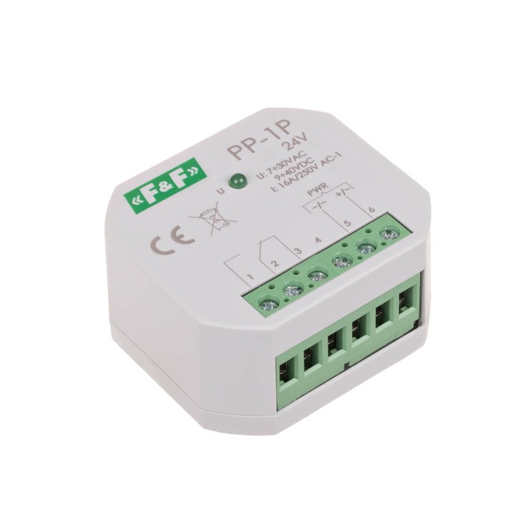 Przekaźnik elektromagnetyczny, 1P 16A, montaż podtynkowy, U=7÷30VAC / 9÷40VDC PP-1P-24V F&F