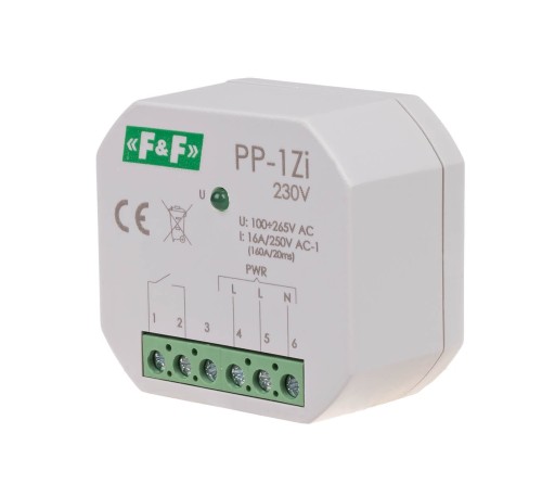 Przekaźnik elektromagnetyczny, 1Z 16A, montaż podtynkowy, U=100-265V AC, styk: 1Z 16A (160A/20ms) PP-1Z-LED-230V F&F
