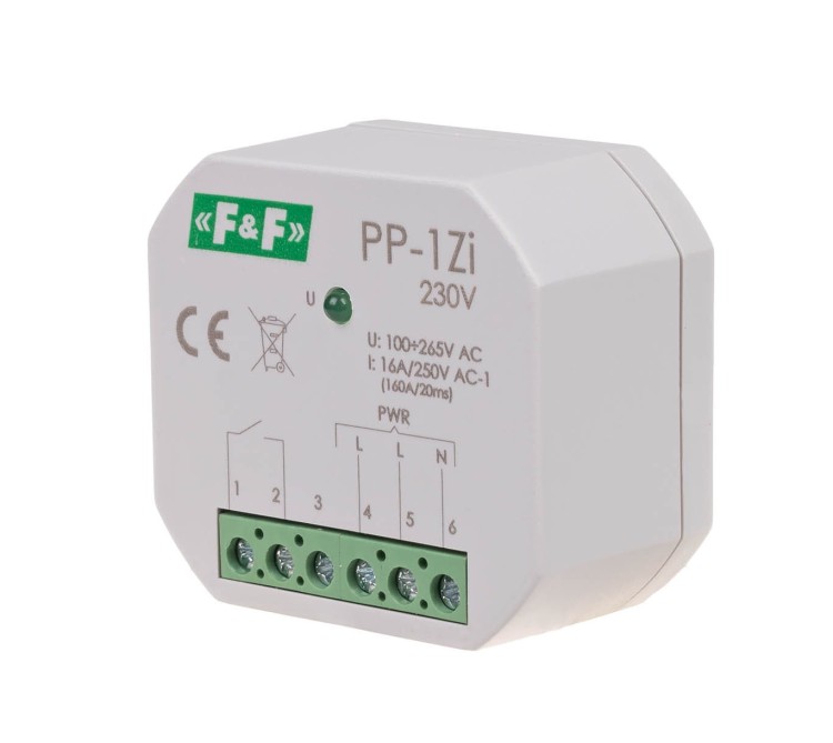 Przekaźnik elektromagnetyczny, 1Z 16A, montaż podtynkowy, U=100-265V AC, styk: 1Z 16A (160A/20ms) PP-1Z-LED-230V F&F