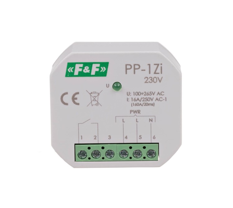 Przekaźnik elektromagnetyczny, 1Z 16A, montaż podtynkowy, U=100-265V AC, styk: 1Z 16A (160A/20ms) PP-1Z-LED-230V F&F