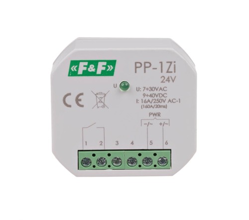 Przekaźnik elektromagnetyczny, 1Z 16A, montaż podtynkowy, U=7÷30VAC/9÷40VDC; 1Z 16A (160A/20ms) PP-1Z-LED-24V F&F