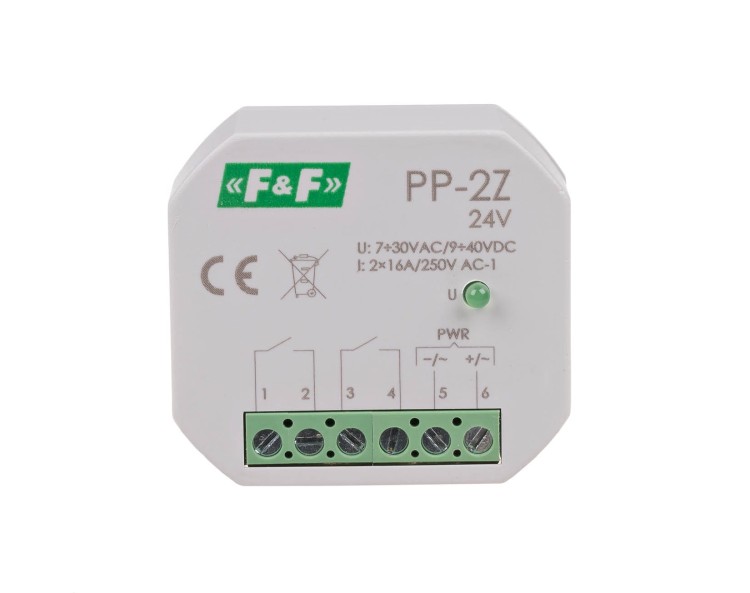 Przekaźnik elektromagnetyczny, 2Z 16A, montaż podtynkowy, w obud. PDT, U=7÷30VAC / 9÷40VDC PP-2Z-24V F&F