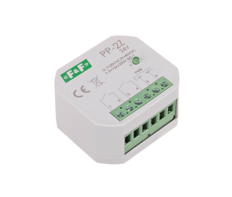 Przekaźnik elektromagnetyczny, 2Z 16A, montaż podtynkowy, w obud. PDT, U=7÷30VAC / 9÷40VDC PP-2Z-24V F&F