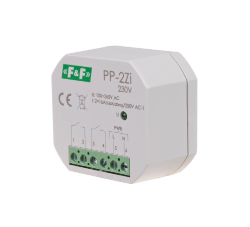 Przekaźnik elektromagnetyczny, 2Z 16A, montaż podtynkowy, U=100-265V AC,styk:2Z 16A (160A/20ms) PP-2Z-LED-230V F&F