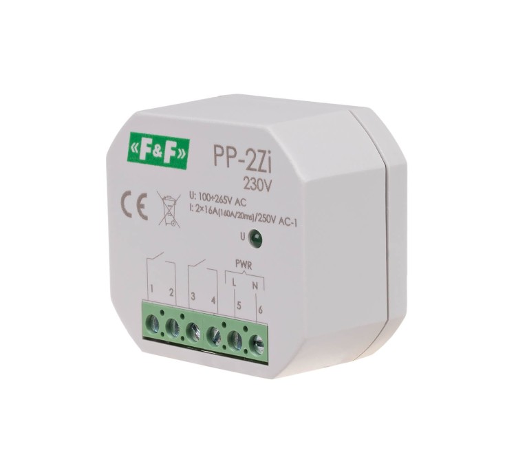 Przekaźnik elektromagnetyczny, 2Z 16A, montaż podtynkowy, U=100-265V AC,styk:2Z 16A (160A/20ms) PP-2Z-LED-230V F&F