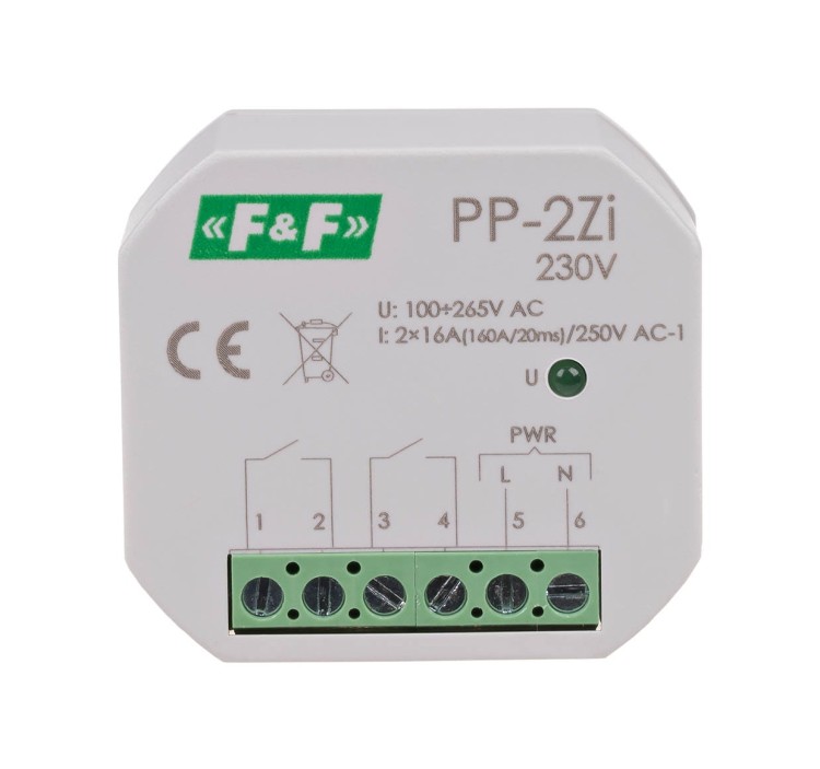 Przekaźnik elektromagnetyczny, 2Z 16A, montaż podtynkowy, U=100-265V AC,styk:2Z 16A (160A/20ms) PP-2Z-LED-230V F&F