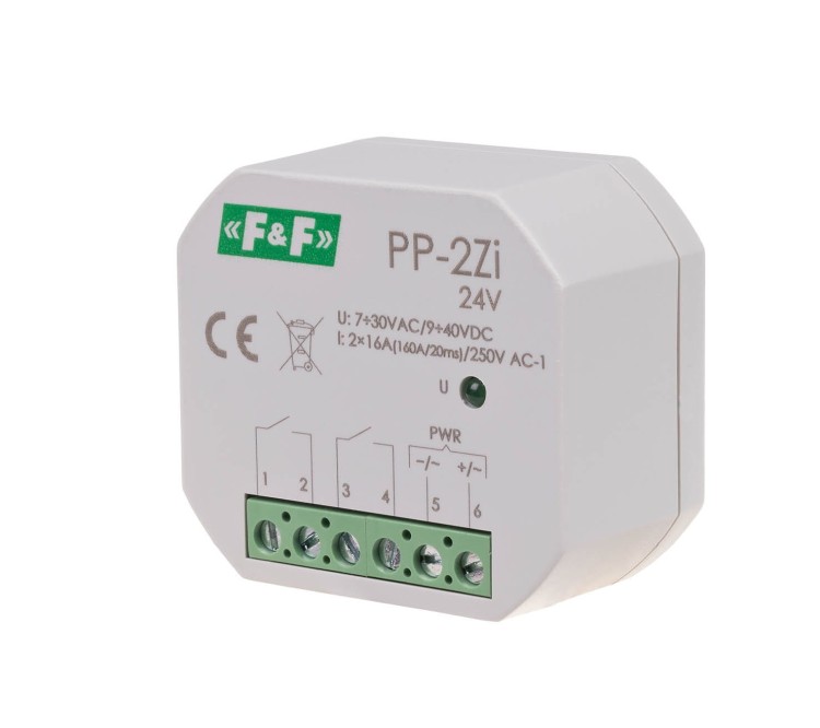Przekaźnik elektromagnetyczny, 2Z 16A, montaż podtynkowy, U=7÷30VAC/9÷40VDC;2Z 16A (160A/20ms) PP-2Z-LED-24V F&F