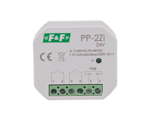 Przekaźnik elektromagnetyczny, 2Z 16A, montaż podtynkowy, U=7÷30VAC/9÷40VDC;2Z 16A (160A/20ms) PP-2Z-LED-24V F&F