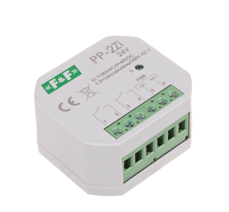 Przekaźnik elektromagnetyczny, 2Z 16A, montaż podtynkowy, U=7÷30VAC/9÷40VDC;2Z 16A (160A/20ms) PP-2Z-LED-24V F&F
