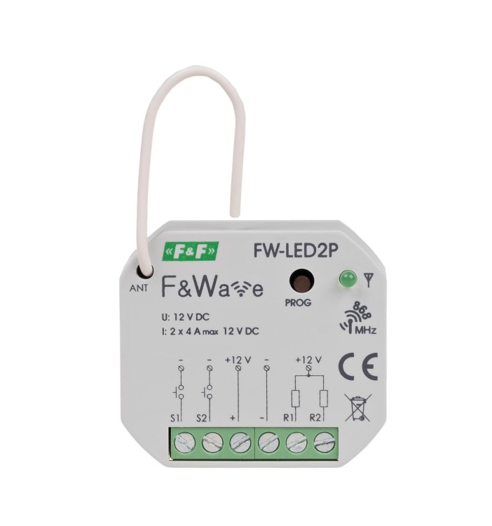 Radiowy dwukanałowy sterownik LED 12V - montaż PDT 10÷16V DC FW-LED2P F&F
