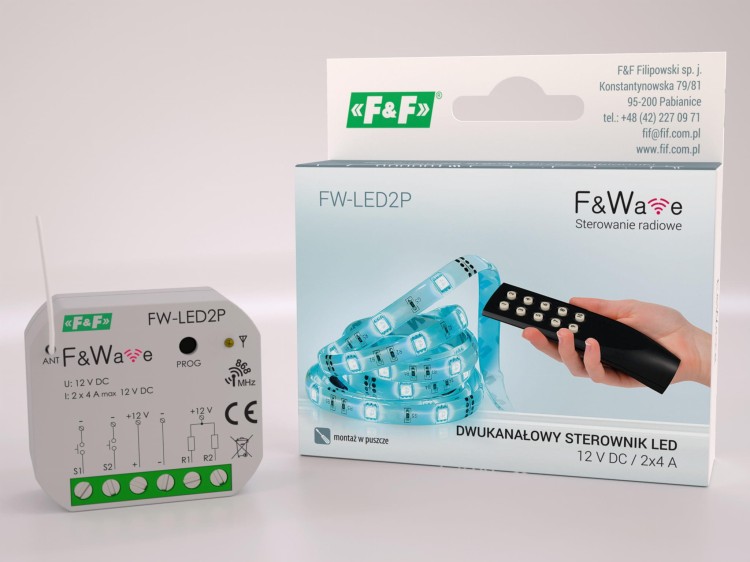 Radiowy dwukanałowy sterownik LED 12V - montaż PDT 10÷16V DC FW-LED2P F&F