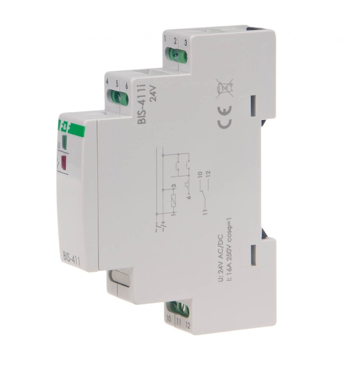 Przekaźnik bistabilny 9÷30 V AC/DC, na szynę DIN, z przekaźnikiem inrush 160A/20ms  BIS-411-LED-24V F&F