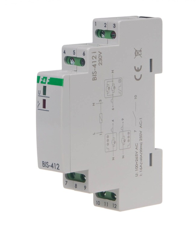Przekaźnik bistabilny grupowy, na szynę DIN, z przekaźnikiem inrush 160A/20ms BIS-412-LED F&F