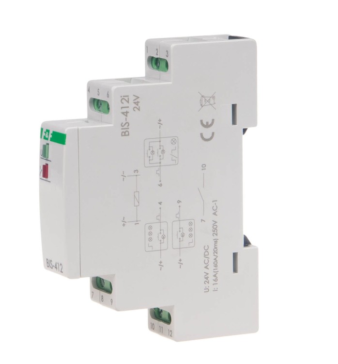 Przekaźnik bistabilny grupowy 9÷30 V AC/DC, na szynę DIN, z przekaźnikiem inrush 160A/20ms BIS-412-LED-24V F&F
