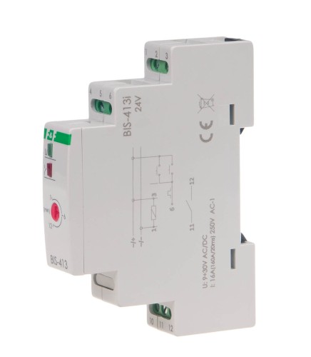 Przekaźnik bistabilny z wyłącznikiem czasowym 9÷30 V AC/DC,  na szynę DIN, z przekaźnikiem inrush 160A/20ms BIS-413-LED-24V F&F