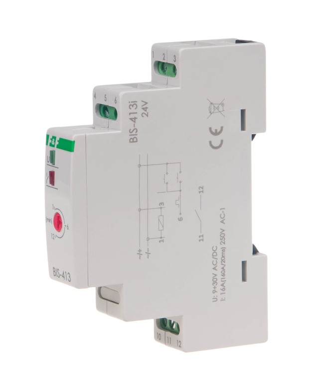 Przekaźnik bistabilny z wyłącznikiem czasowym 9÷30 V AC/DC,  na szynę DIN, z przekaźnikiem inrush 160A/20ms BIS-413-LED-24V F&F