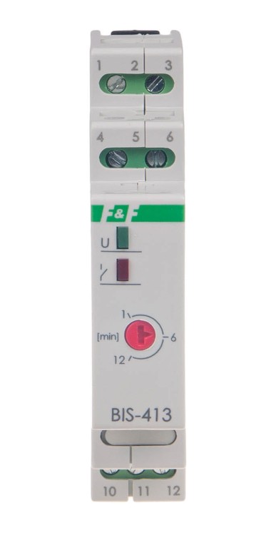 Przekaźnik bistabilny z wyłącznikiem czasowym 9÷30 V AC/DC,  na szynę DIN, z przekaźnikiem inrush 160A/20ms BIS-413-LED-24V F&F