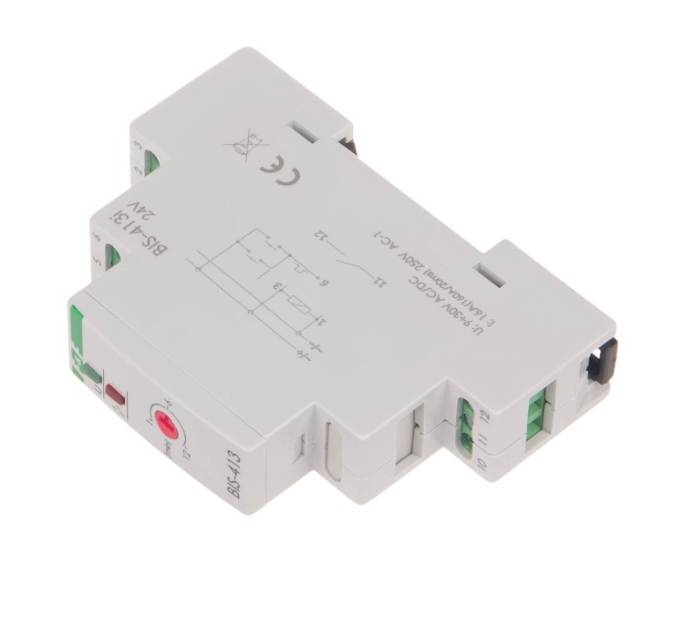 Przekaźnik bistabilny z wyłącznikiem czasowym 9÷30 V AC/DC,  na szynę DIN, z przekaźnikiem inrush 160A/20ms BIS-413-LED-24V F&F