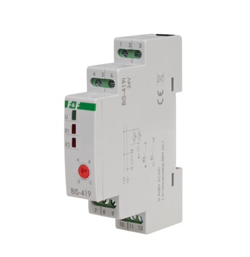 Przekaźnik bistabilny 9÷30 V AC/DC, 4 funkcyjny, DIN, dwa obwody sterowania, z przekaźnikiem inrush 160A/20ms BIS-419-LED-24V F&F