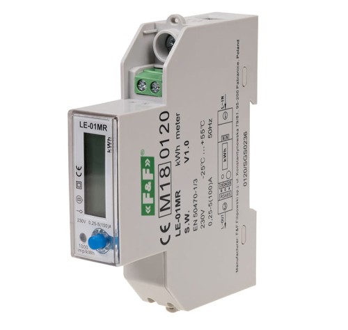 Licznik energii elektrycznej - jednofazowy, RS-485, LCD, 100A, rejestracja parametrów sieci U, I, F, P, Q, AE+, RE+ LE-01MR F&F