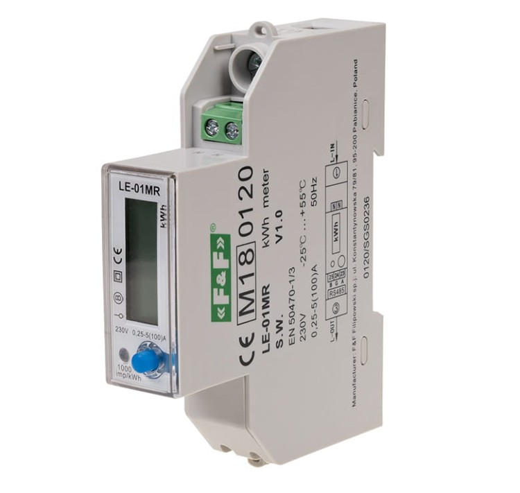 Licznik energii elektrycznej - jednofazowy, RS-485, LCD, 100A, rejestracja parametrów sieci U, I, F, P, Q, AE+, RE+ LE-01MR F&F