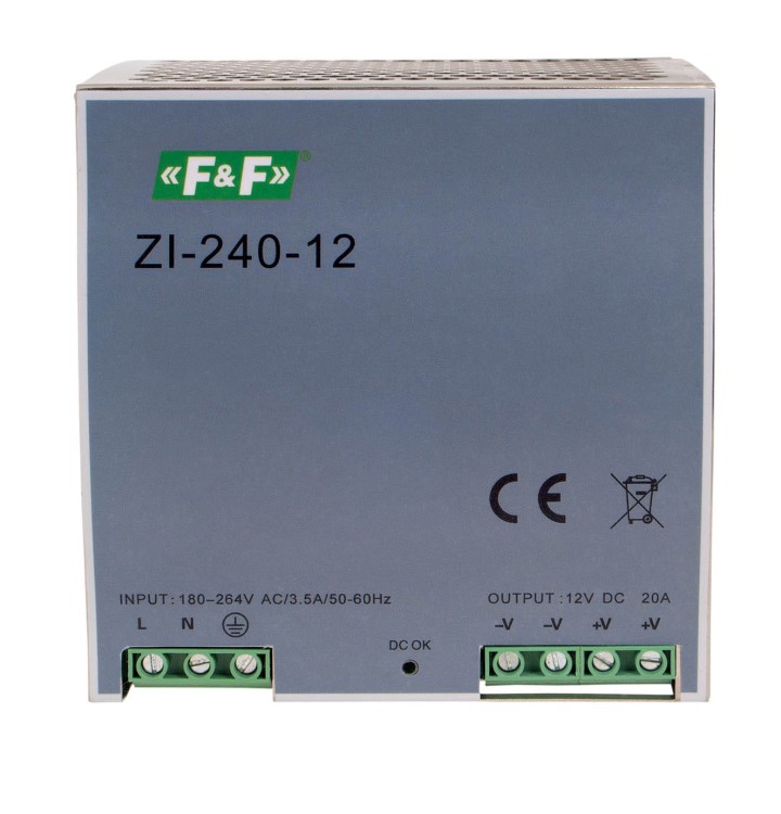 Zasilacz impulsowy przemysłowy nap. wej. 90÷264V AC/120÷370V DC, P=240W nap. Wyj. 12V DC ZI-240-12V F&F