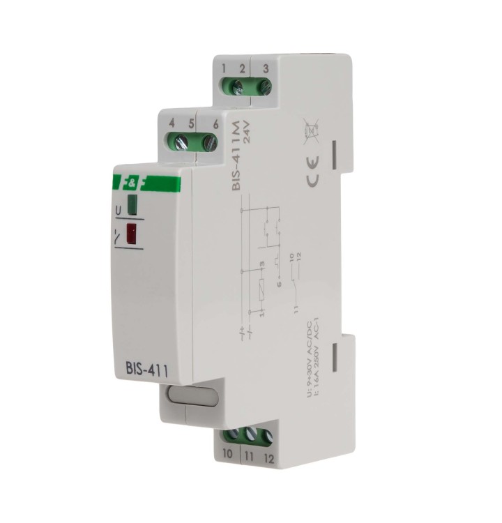 Przekaźnik bistabilny z pamięcią 9÷30 V AC/DC, montaż na szynie DIN,  BIS-411M-24V F&F