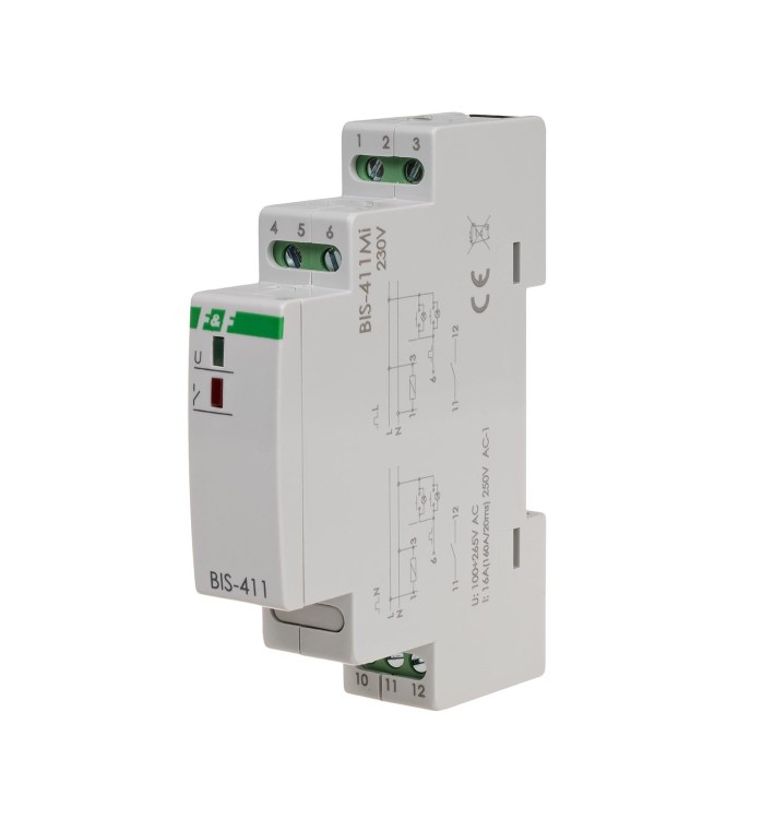 Przekaźnik bistabilny z pamięcią, montaż na szynie DIN, 230V, z przekaźnikiem inrush 160A/20ms BIS-411M-LED F&F