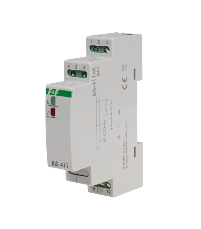 Przekaźnik bistabilny z pamięcią 9÷30 V AC/DC, montaż na szynie DIN, z przekaźnikiem inrush 160A/20ms BIS-411M-LED-24V F&F