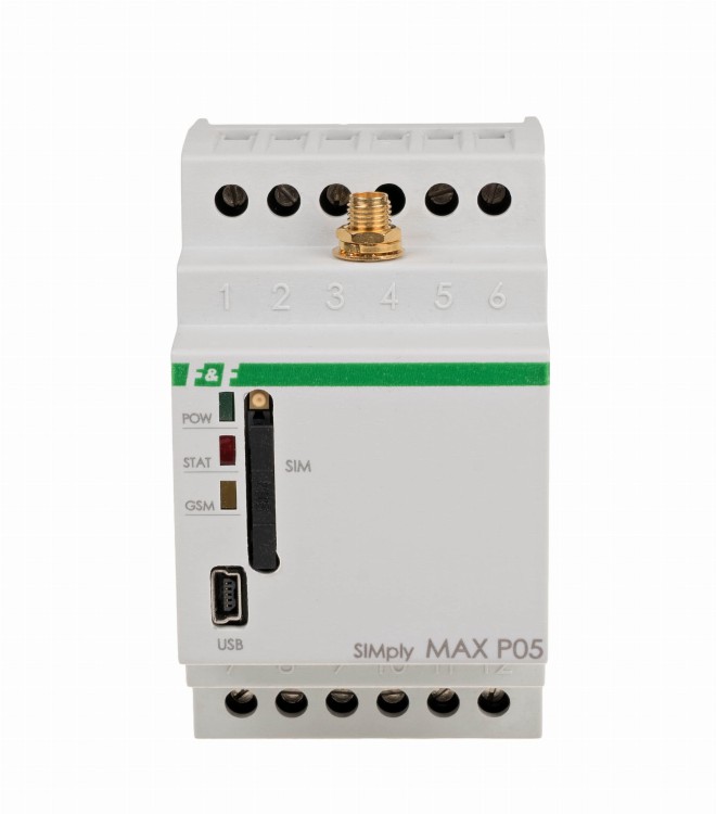 Przekaźnik zdalnego sterowania GSM - licznik impulsów i czasu pracy / załącz-wyłącz / funkcja alarm, 230V, 1xNO SimplyMAX-P05 F&F