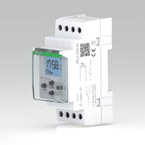 Zegar sterujący programowalny, astronomiczny z programowalną przerwą nocną, 1-kanałowy, programowalny przez NFC, posiada zewnętrzne wejście sterujące pracą zegara oraz podświetlany wyświetlacz LCD. PCZ-525.3-PLUS F&F