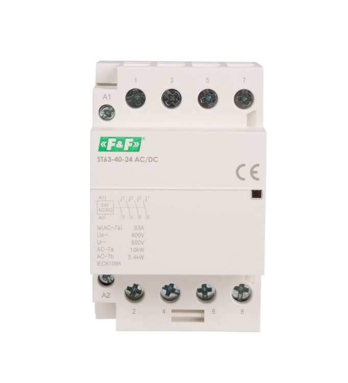 Stycznik modułowy, montaż na szynie, styki 4xNO, 63A, 24V DC ST63-40-24ACDC F&F