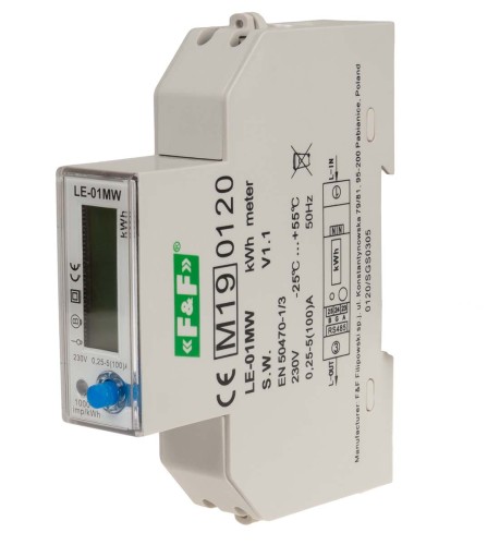 Jednofazowy licznik zużycia energii czynnej, biernej, Modbus RTU, wielotaryfowy LE-01MW F&F