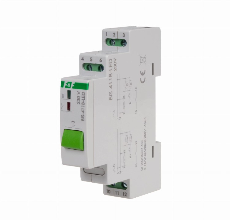 Przekaźnik bistabilny BIS-411B-LED z przyciskiem do sterowania ręcznego, na szynę DIN, z przekaźnikiem inrush 160A/20ms BIS-411B-LED F&F