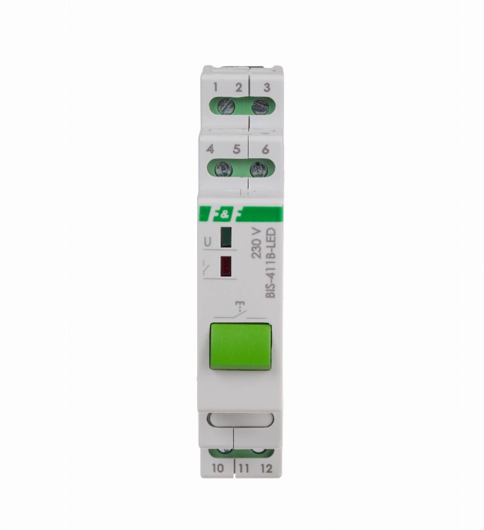Przekaźnik bistabilny BIS-411B-LED z przyciskiem do sterowania ręcznego, na szynę DIN, z przekaźnikiem inrush 160A/20ms BIS-411B-LED F&F