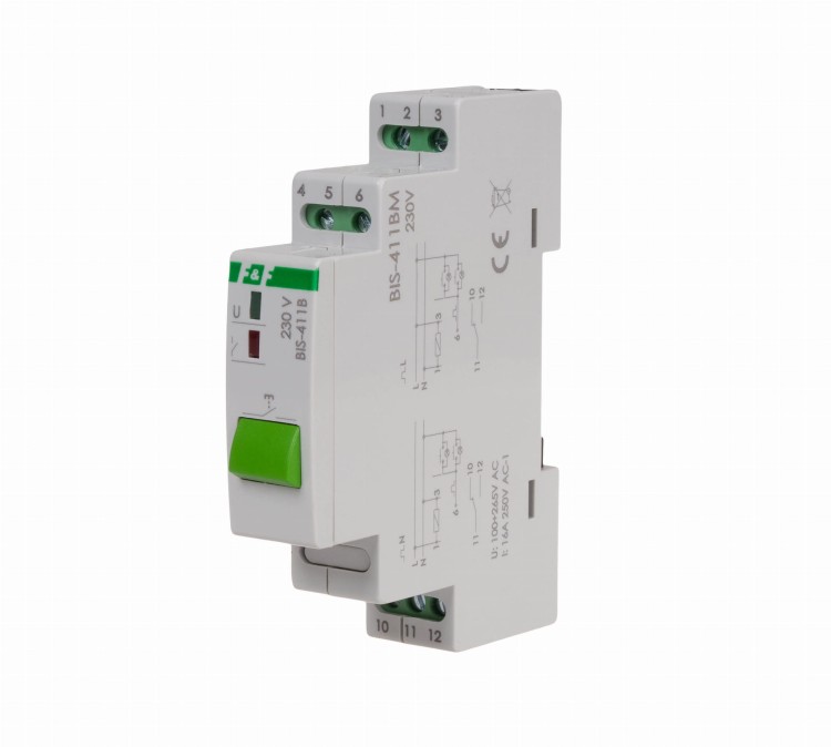 Przekaźnik bistabilny BIS-411BM z przyciskiem do sterowania ręcznego i z pamięcią, montaż na szynie DIN, 230V BIS-411BM F&F